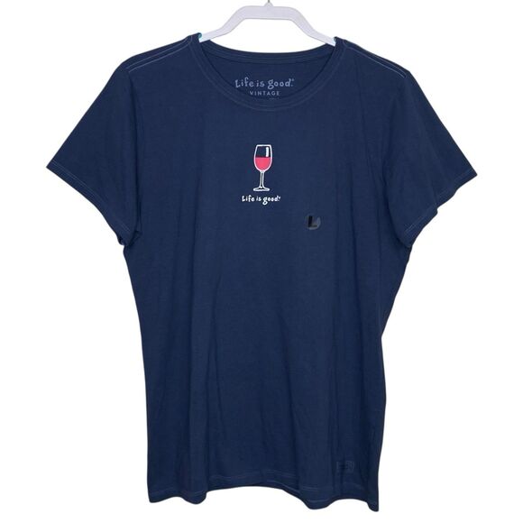 Life Is Good T-Shirt Womens L Blue Wine Glass Vintage Short Sleeve Crew Neck NWT - Picture 1 of 12